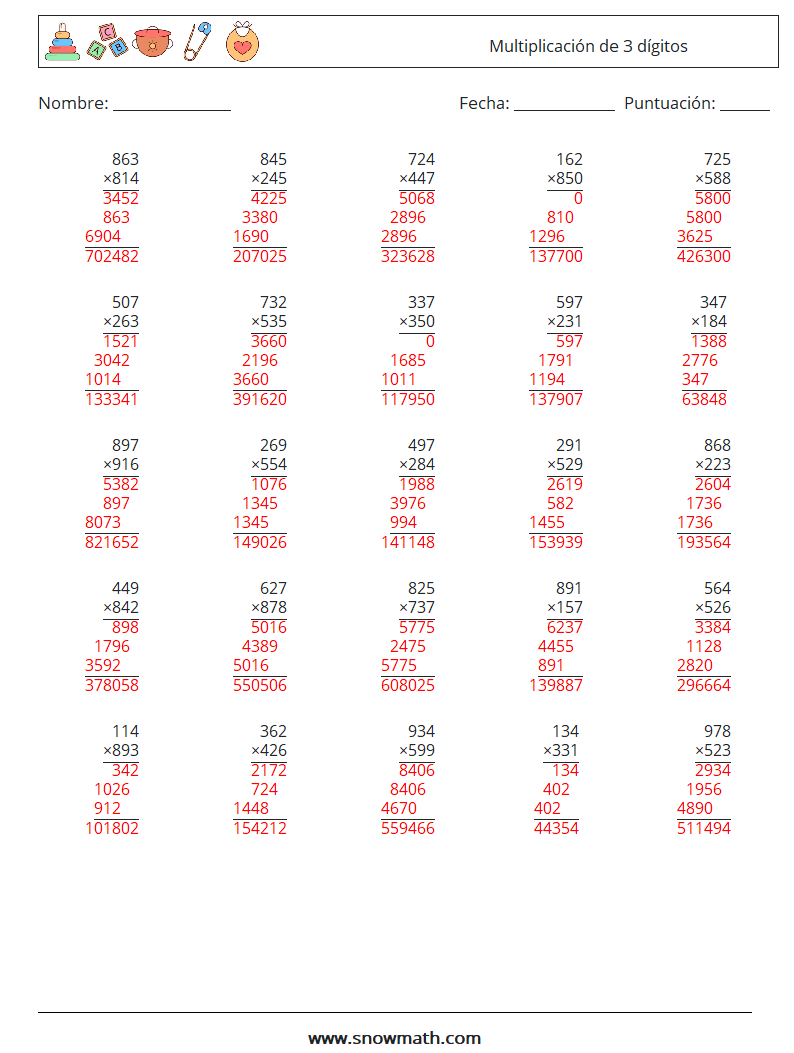 (25) Multiplicación de 3 dígitos Hojas de trabajo de matemáticas 18 Pregunta, respuesta