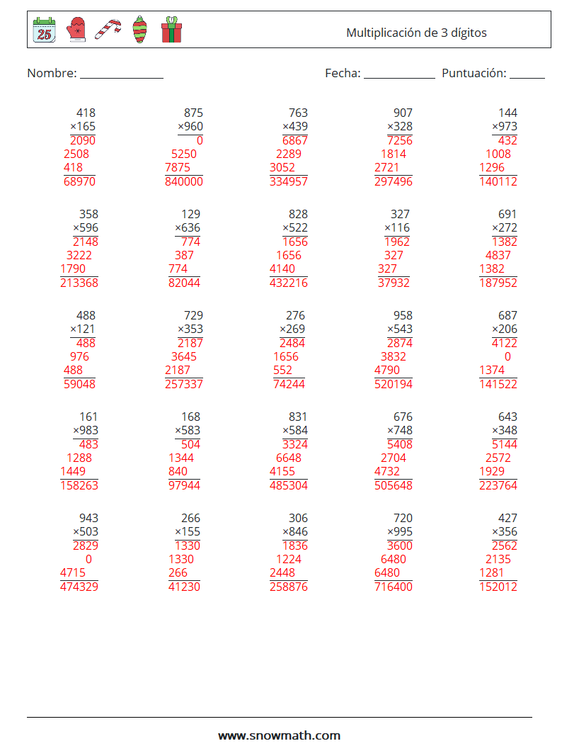 (25) Multiplicación de 3 dígitos Hojas de trabajo de matemáticas 1 Pregunta, respuesta