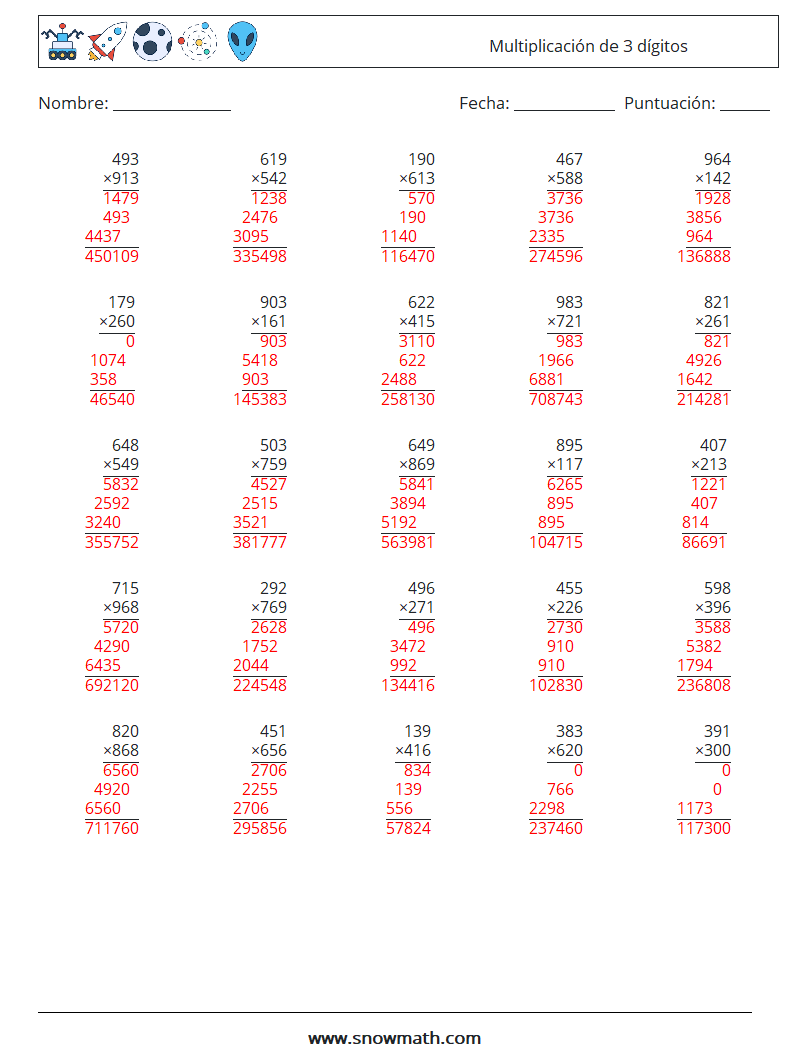 (25) Multiplicación de 3 dígitos Hojas de trabajo de matemáticas 2 Pregunta, respuesta