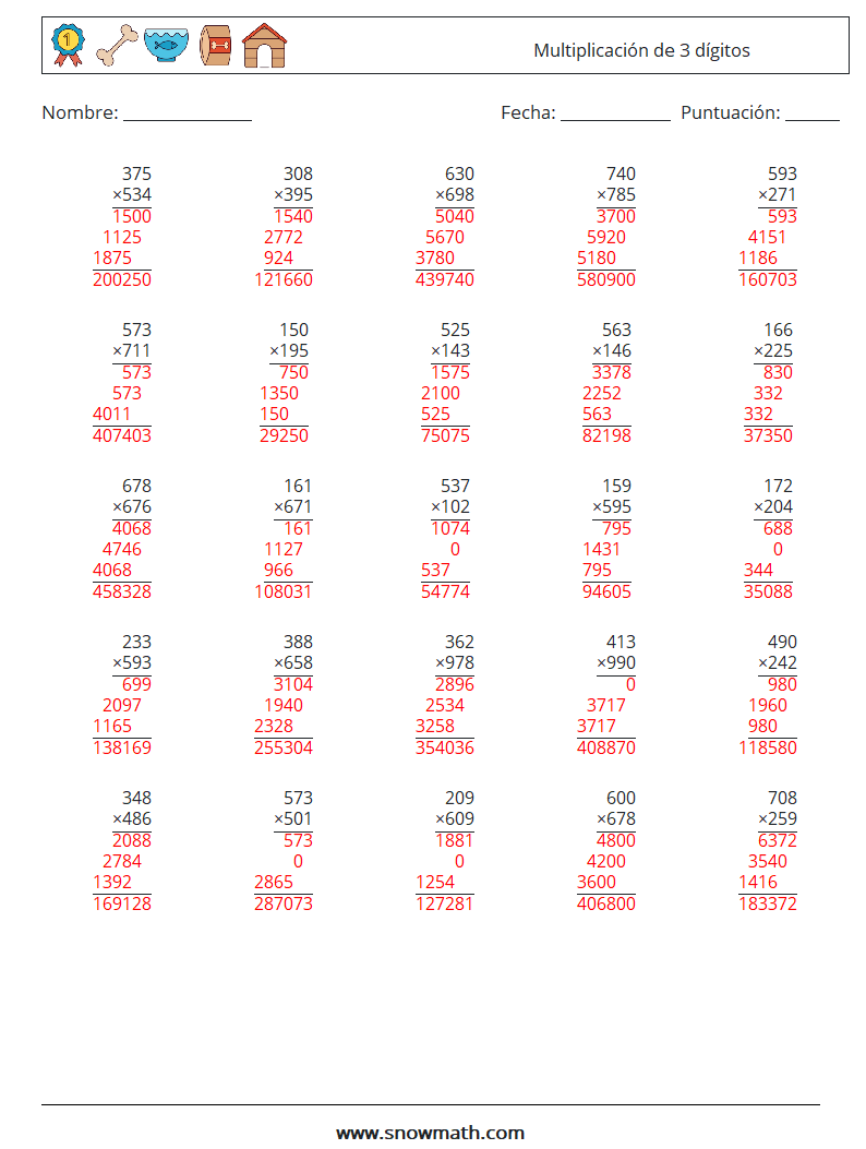 (25) Multiplicación de 3 dígitos Hojas de trabajo de matemáticas 3 Pregunta, respuesta