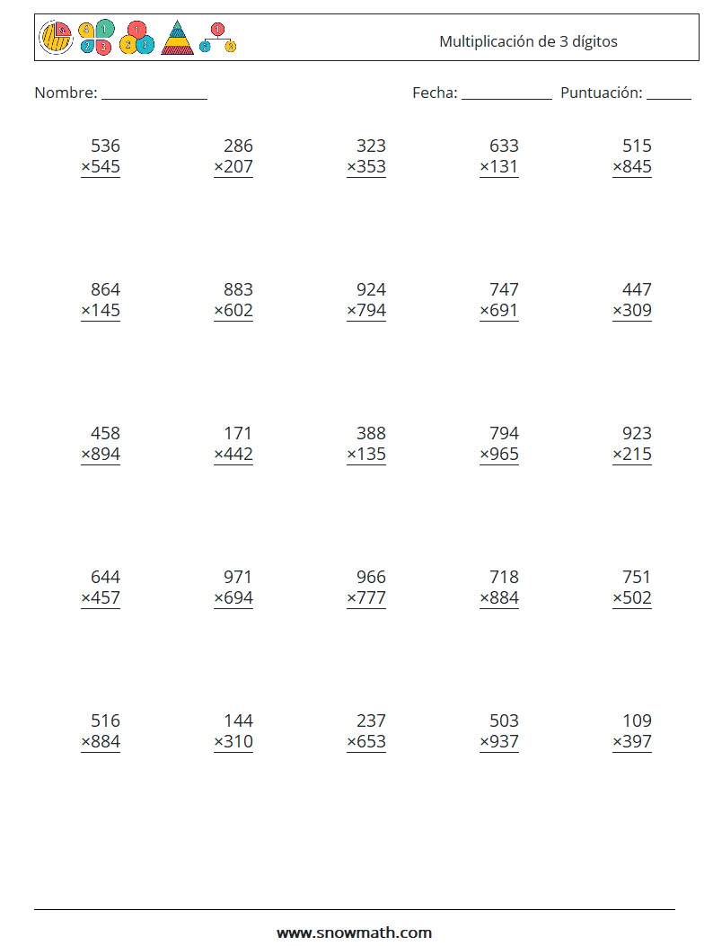 (25) Multiplicación de 3 dígitos Hojas de trabajo de matemáticas 4