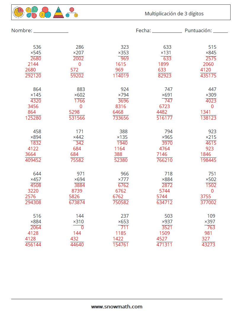 (25) Multiplicación de 3 dígitos Hojas de trabajo de matemáticas 4 Pregunta, respuesta