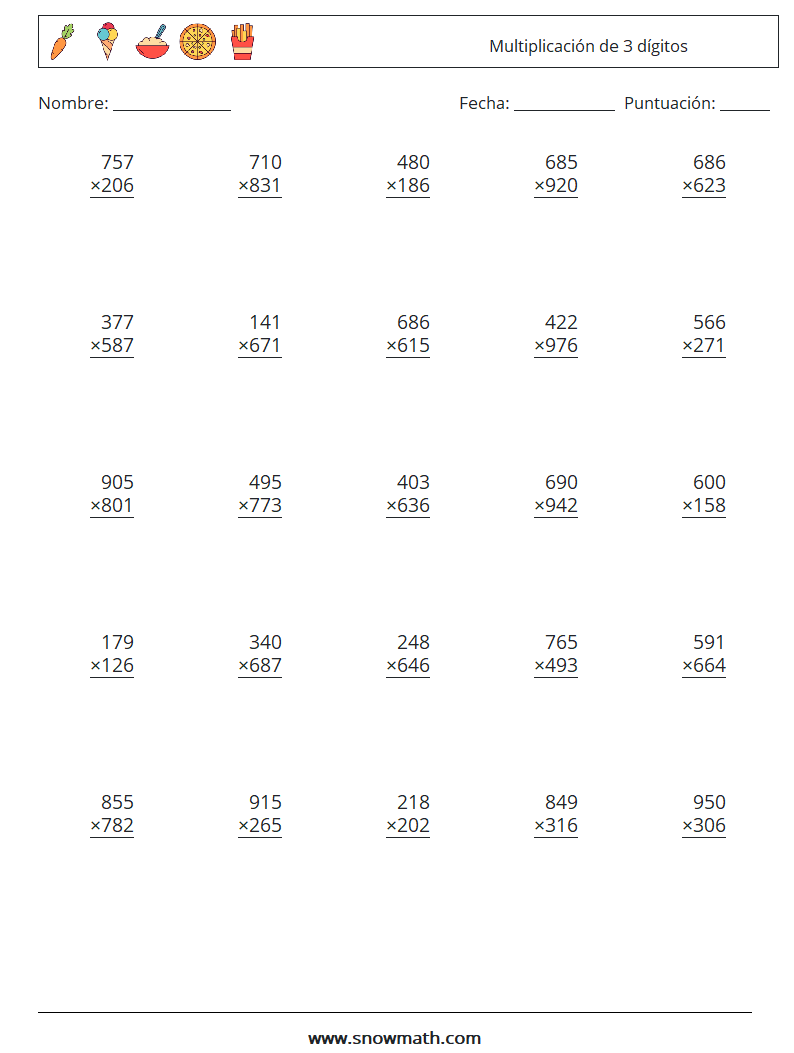 (25) Multiplicación de 3 dígitos Hojas de trabajo de matemáticas 5