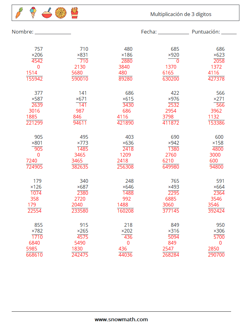 (25) Multiplicación de 3 dígitos Hojas de trabajo de matemáticas 5 Pregunta, respuesta