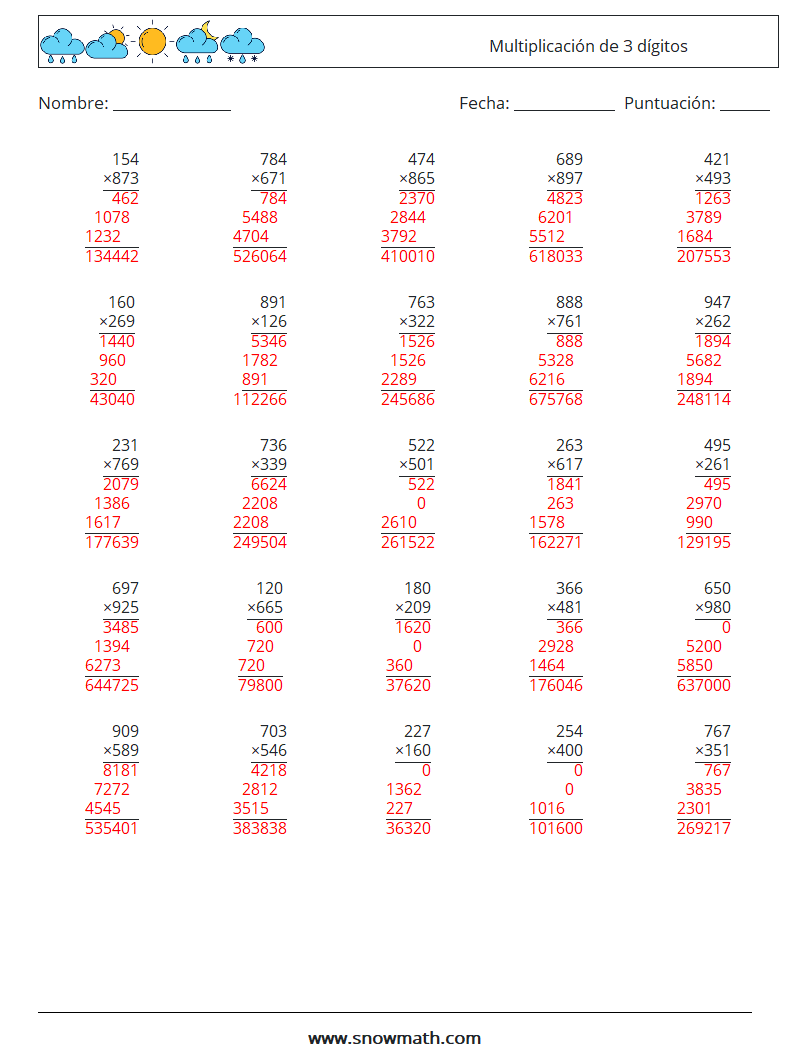 (25) Multiplicación de 3 dígitos Hojas de trabajo de matemáticas 6 Pregunta, respuesta