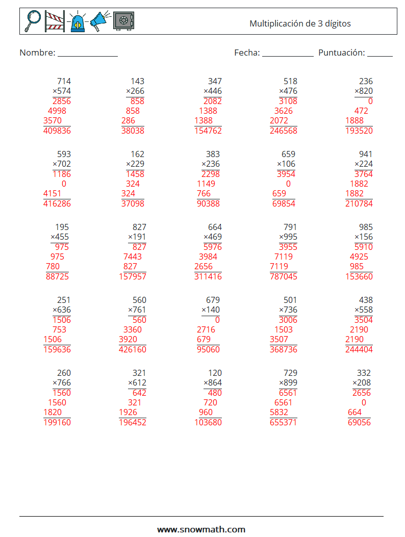 (25) Multiplicación de 3 dígitos Hojas de trabajo de matemáticas 7 Pregunta, respuesta