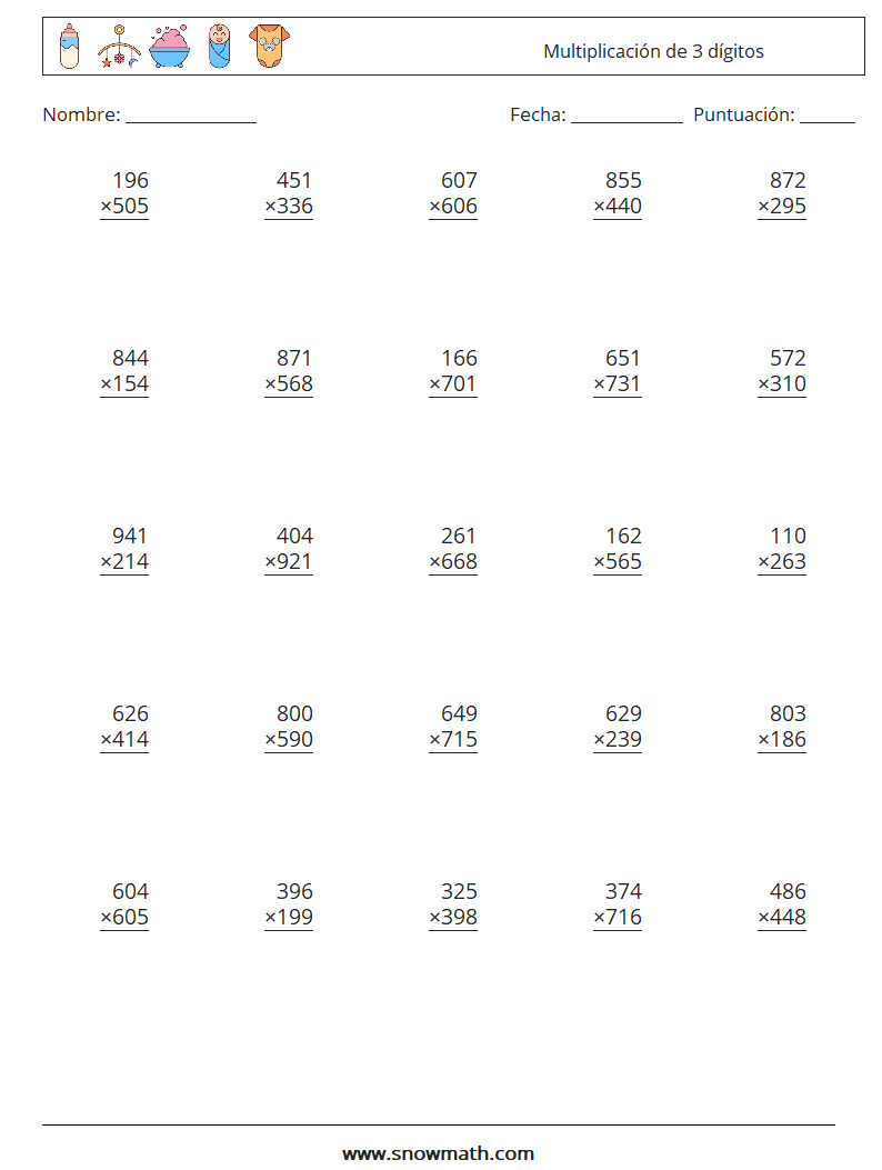 (25) Multiplicación de 3 dígitos Hojas de trabajo de matemáticas 8