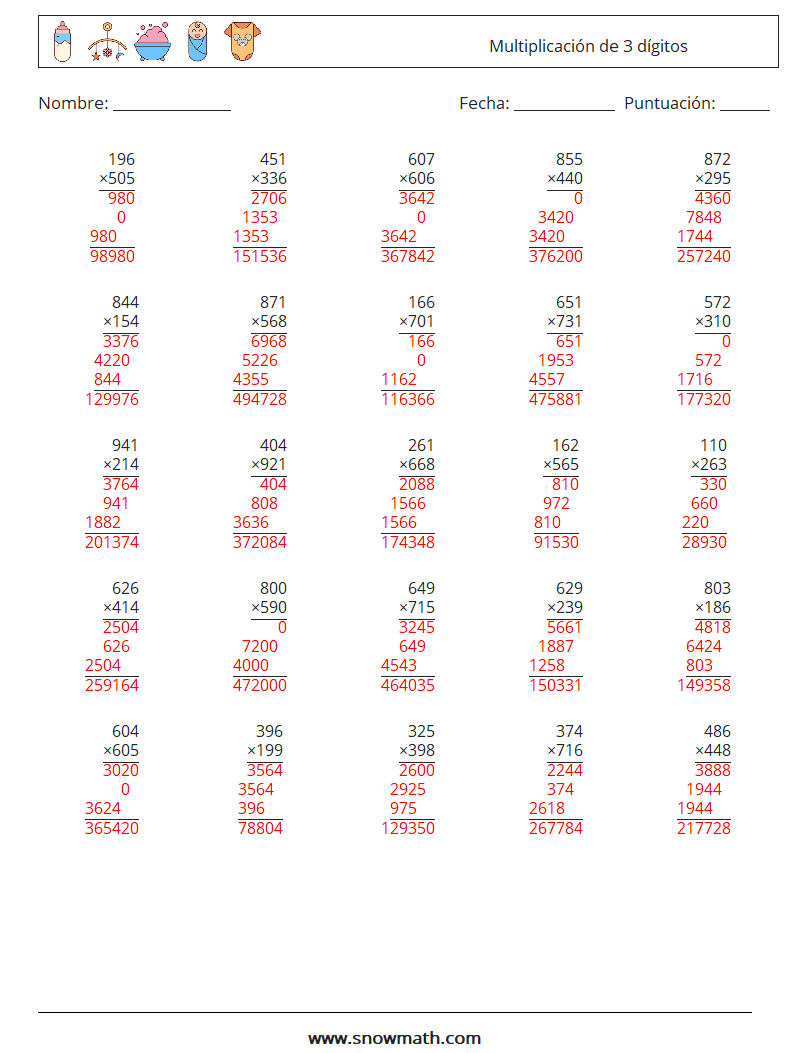 (25) Multiplicación de 3 dígitos Hojas de trabajo de matemáticas 8 Pregunta, respuesta