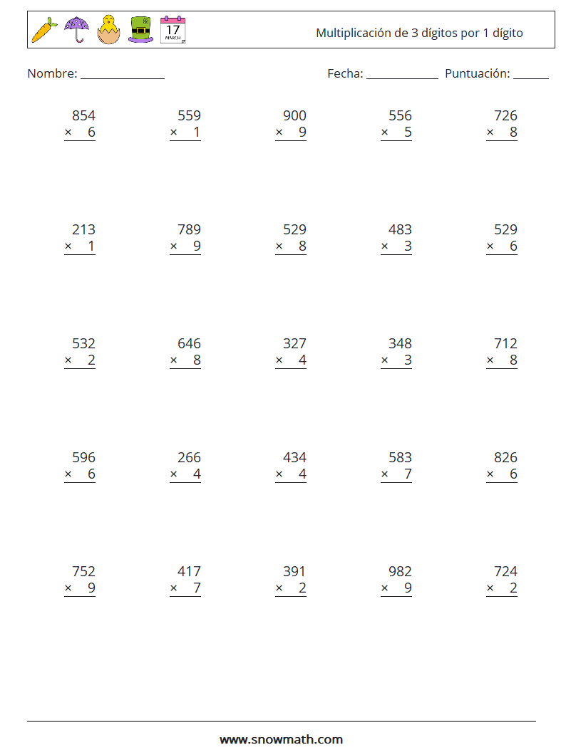 (25) Multiplicación de 3 dígitos por 1 dígito Hojas de trabajo de matemáticas 1