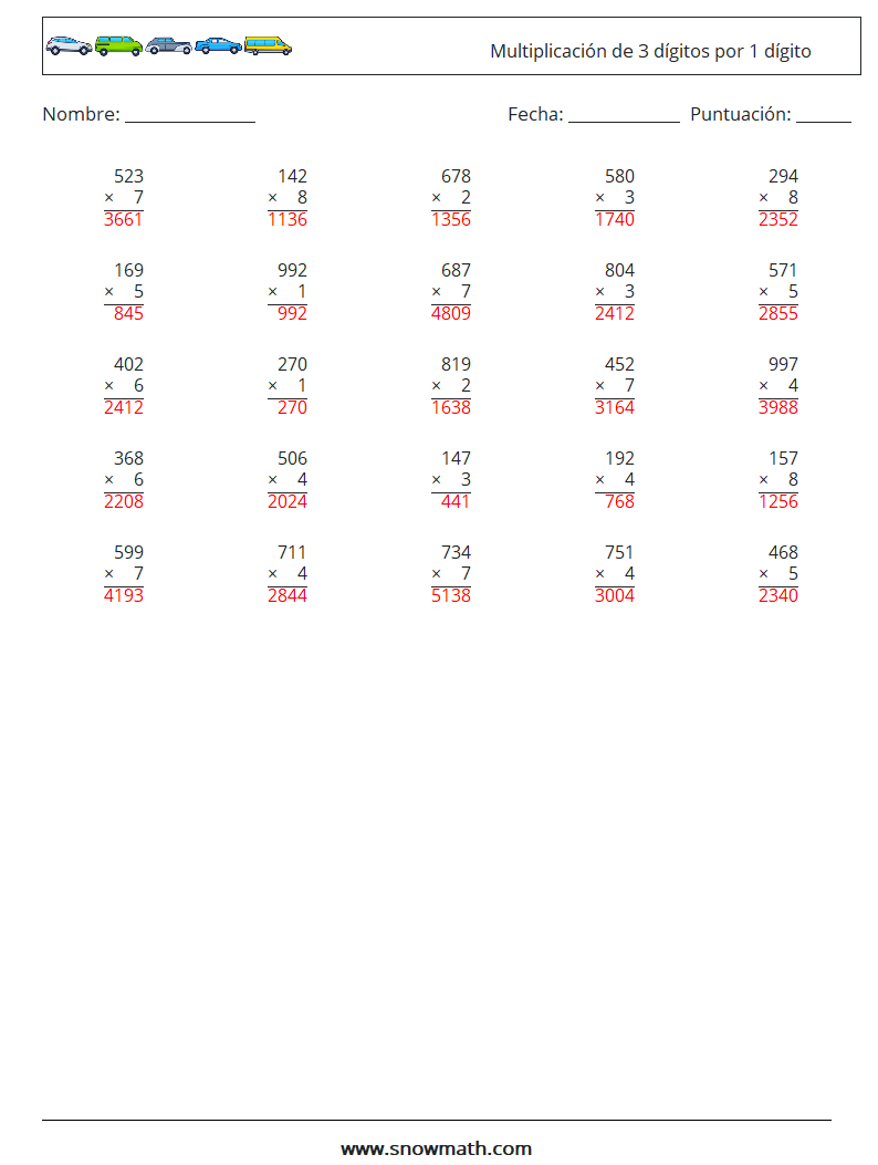 (25) Multiplicación de 3 dígitos por 1 dígito Hojas de trabajo de matemáticas 11 Pregunta, respuesta