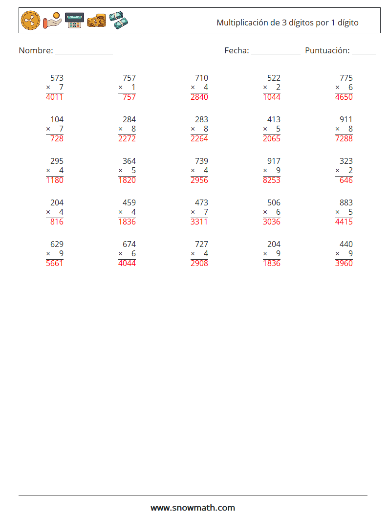 (25) Multiplicación de 3 dígitos por 1 dígito Hojas de trabajo de matemáticas 13 Pregunta, respuesta