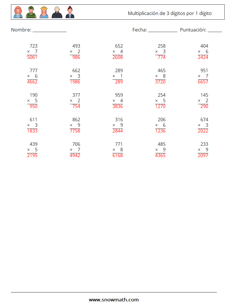 (25) Multiplicación de 3 dígitos por 1 dígito Hojas de trabajo de matemáticas 15 Pregunta, respuesta