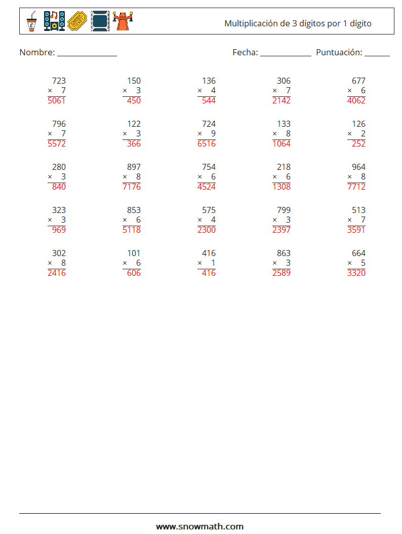 (25) Multiplicación de 3 dígitos por 1 dígito Hojas de trabajo de matemáticas 16 Pregunta, respuesta