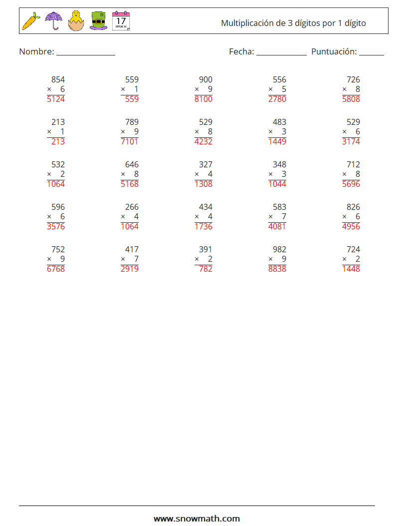 (25) Multiplicación de 3 dígitos por 1 dígito Hojas de trabajo de matemáticas 1 Pregunta, respuesta