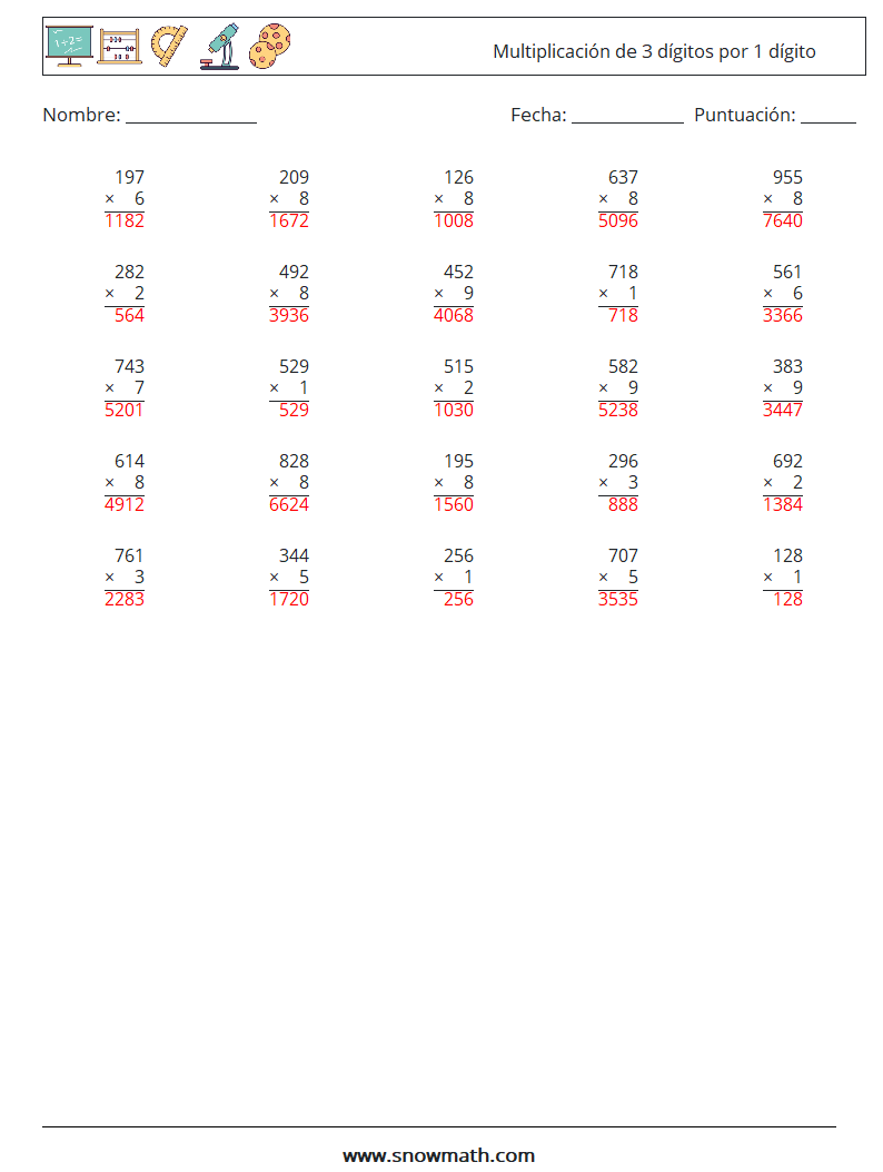 (25) Multiplicación de 3 dígitos por 1 dígito Hojas de trabajo de matemáticas 2 Pregunta, respuesta