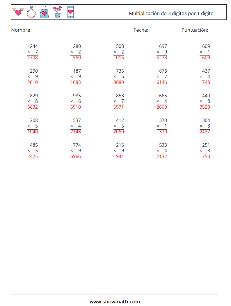 (25) Multiplicación de 3 dígitos por 1 dígito Hojas de trabajo de matemáticas 3 Pregunta, respuesta