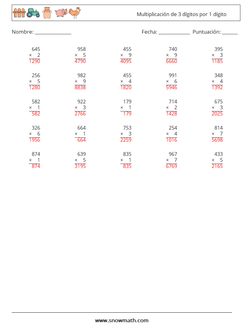 (25) Multiplicación de 3 dígitos por 1 dígito Hojas de trabajo de matemáticas 4 Pregunta, respuesta