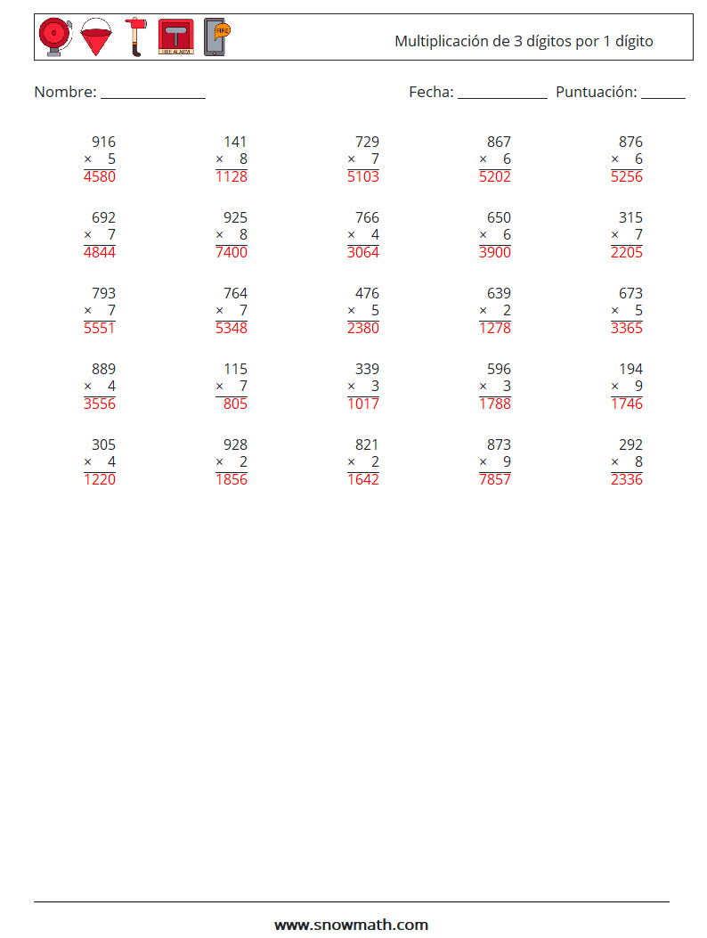 (25) Multiplicación de 3 dígitos por 1 dígito Hojas de trabajo de matemáticas 5 Pregunta, respuesta