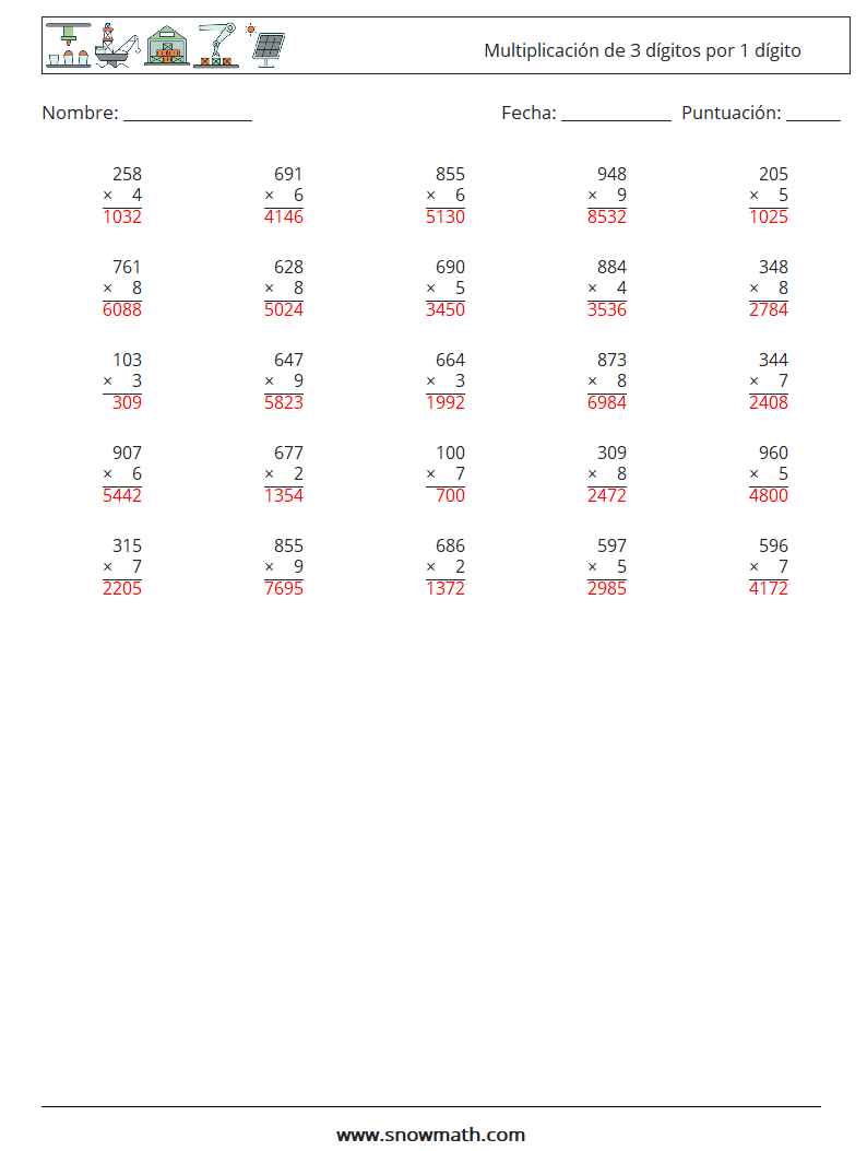 (25) Multiplicación de 3 dígitos por 1 dígito Hojas de trabajo de matemáticas 6 Pregunta, respuesta