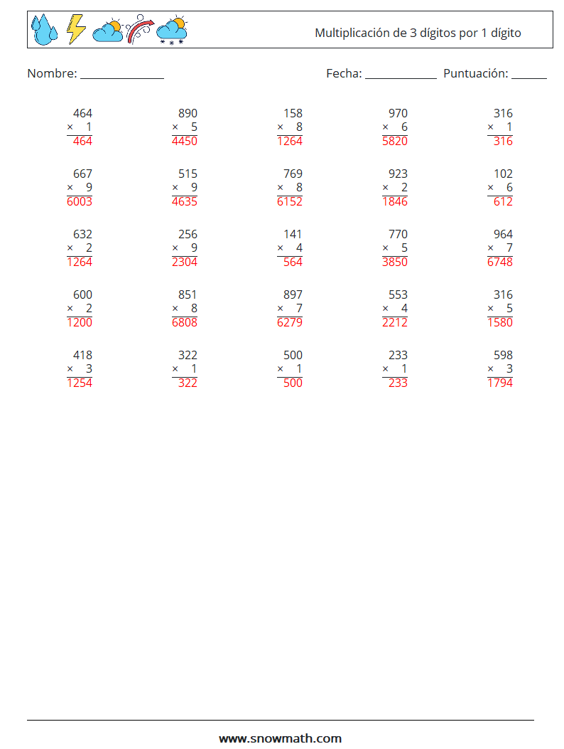 (25) Multiplicación de 3 dígitos por 1 dígito Hojas de trabajo de matemáticas 7 Pregunta, respuesta