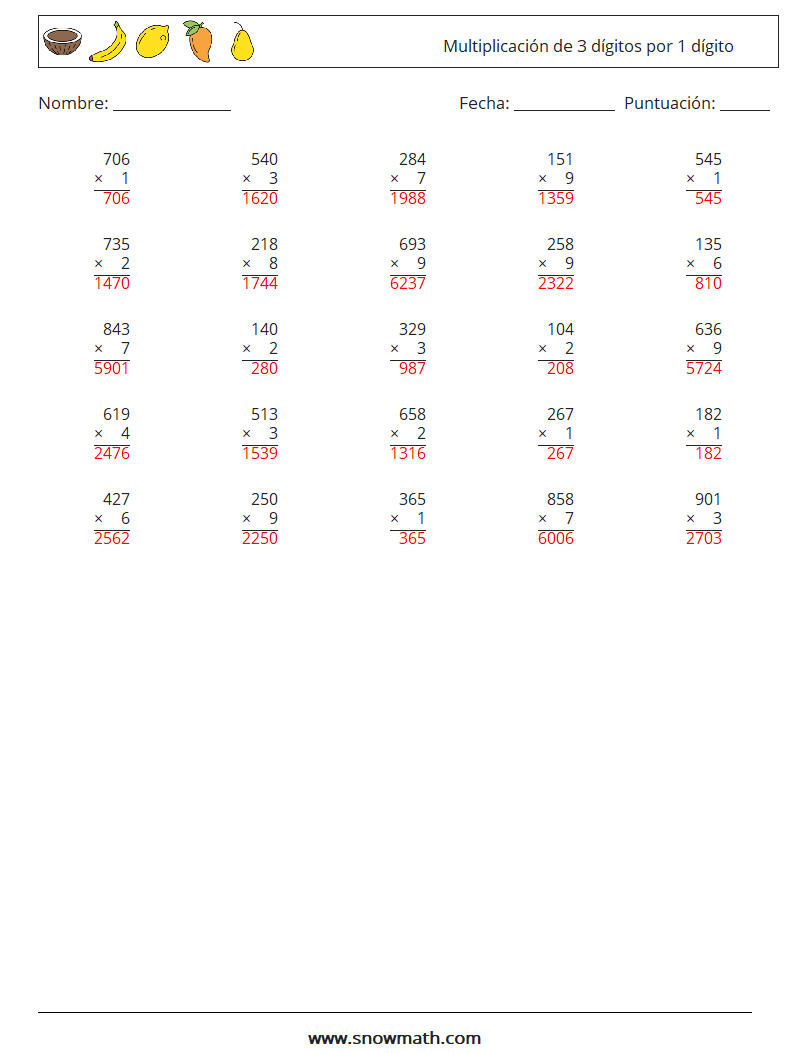 (25) Multiplicación de 3 dígitos por 1 dígito Hojas de trabajo de matemáticas 8 Pregunta, respuesta