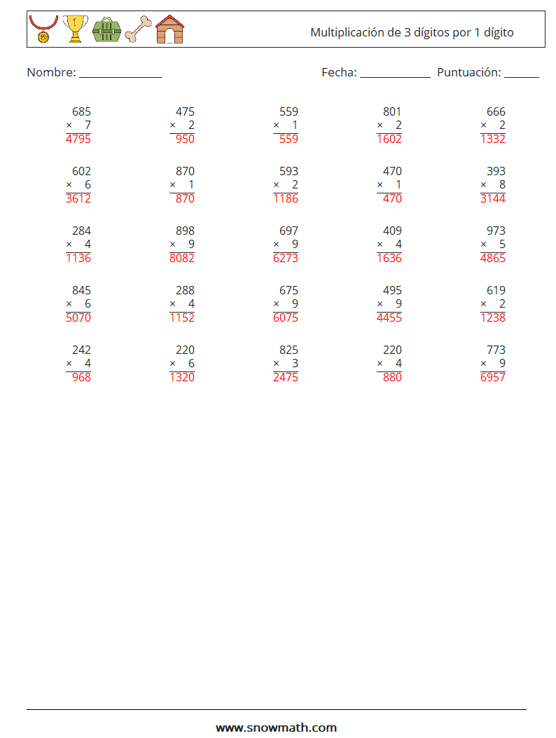 (25) Multiplicación de 3 dígitos por 1 dígito Hojas de trabajo de matemáticas 9 Pregunta, respuesta