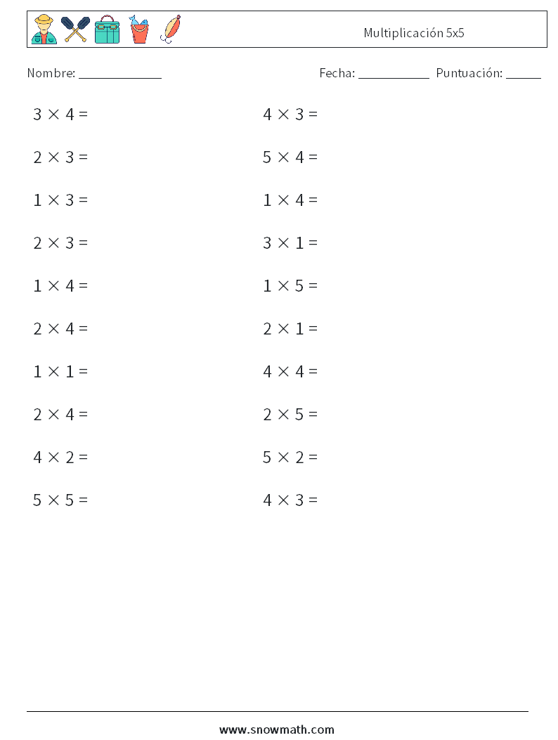 (20) Multiplicación 5x5 Hojas de trabajo de matemáticas 1