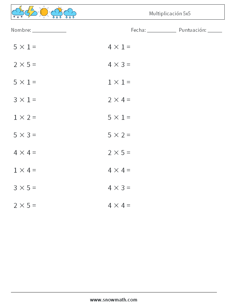 (20) Multiplicación 5x5 Hojas de trabajo de matemáticas 2