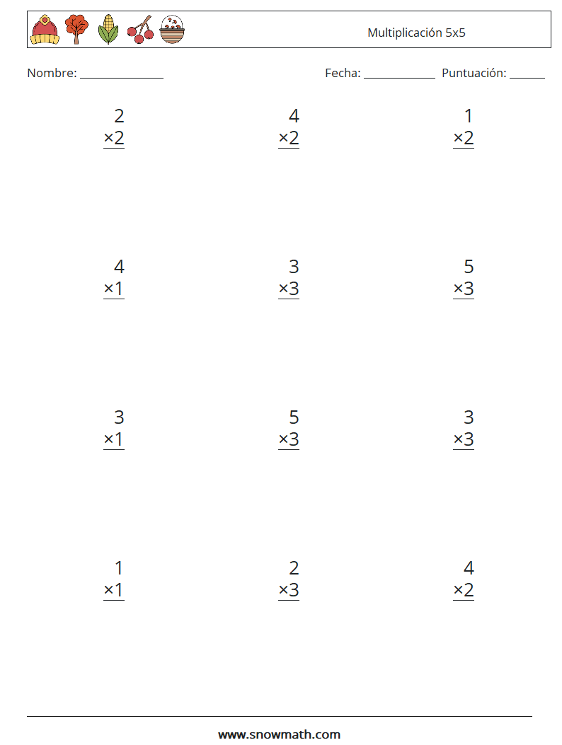 (12) Multiplicación 5x5 Hojas de trabajo de matemáticas 1