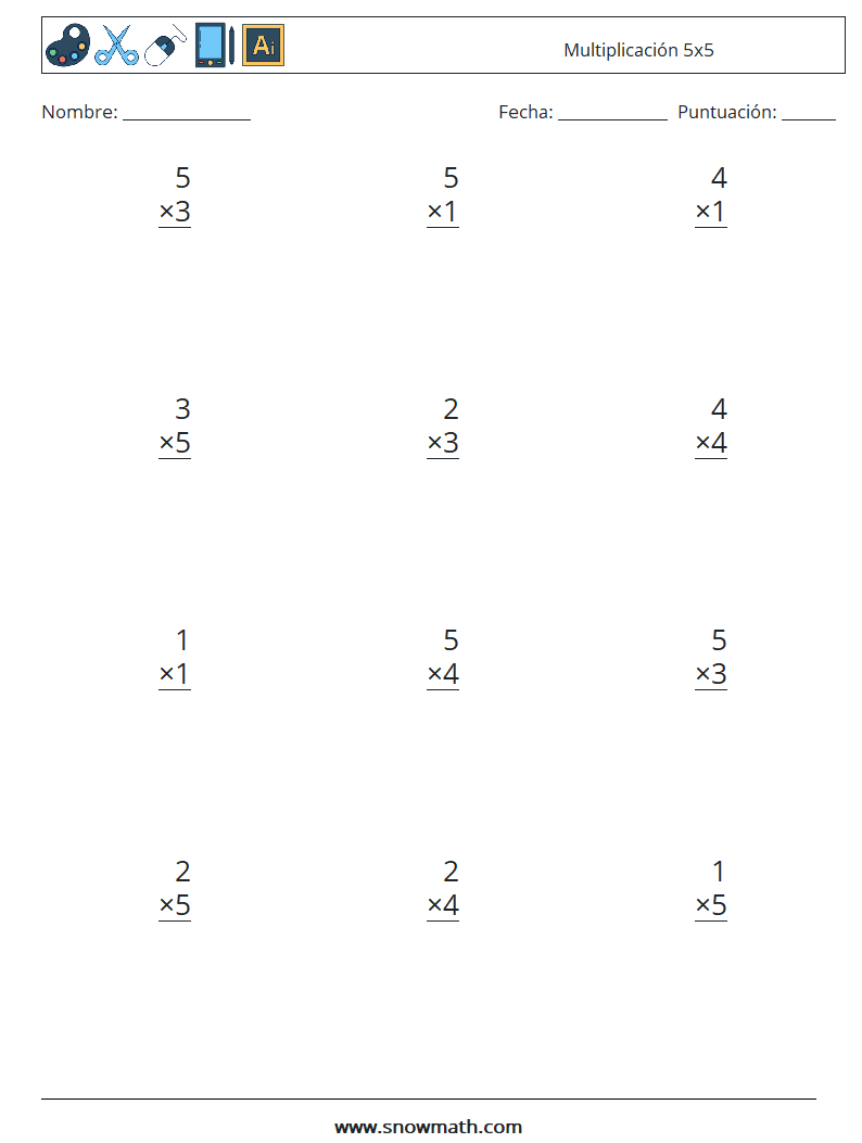 (12) Multiplicación 5x5 Hojas de trabajo de matemáticas 2