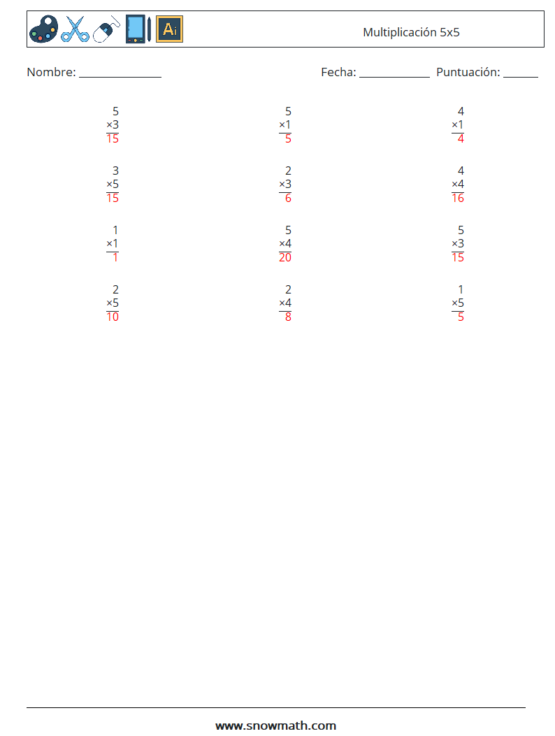 (12) Multiplicación 5x5 Hojas de trabajo de matemáticas 2 Pregunta, respuesta