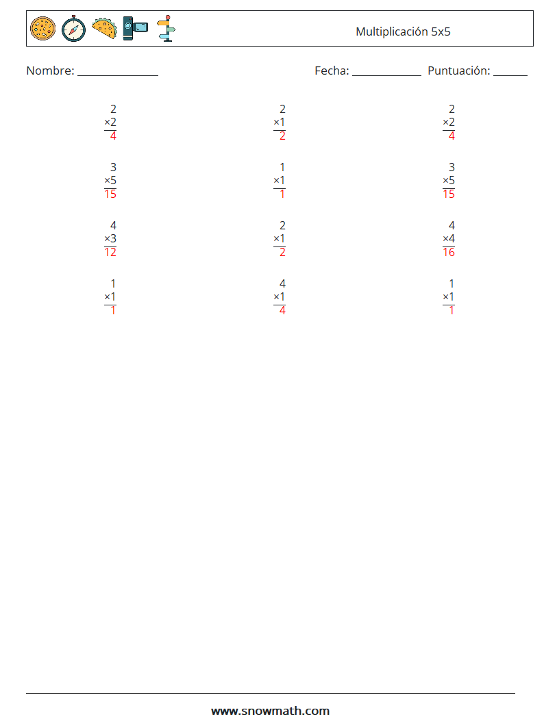 (12) Multiplicación 5x5 Hojas de trabajo de matemáticas 3 Pregunta, respuesta