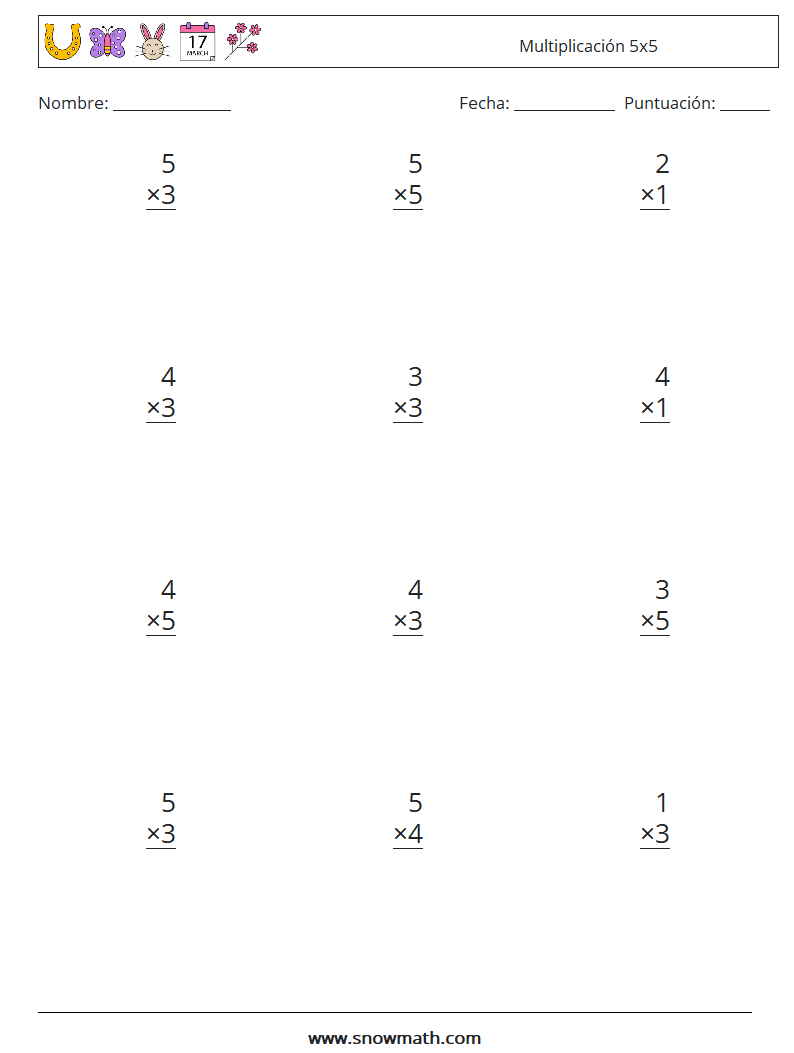 (12) Multiplicación 5x5 Hojas de trabajo de matemáticas 4