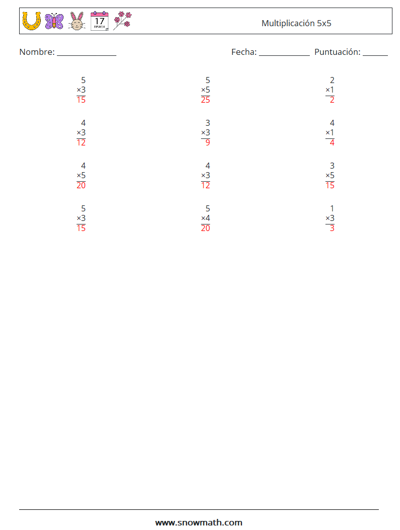 (12) Multiplicación 5x5 Hojas de trabajo de matemáticas 4 Pregunta, respuesta