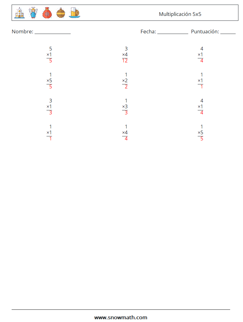 (12) Multiplicación 5x5 Hojas de trabajo de matemáticas 5 Pregunta, respuesta