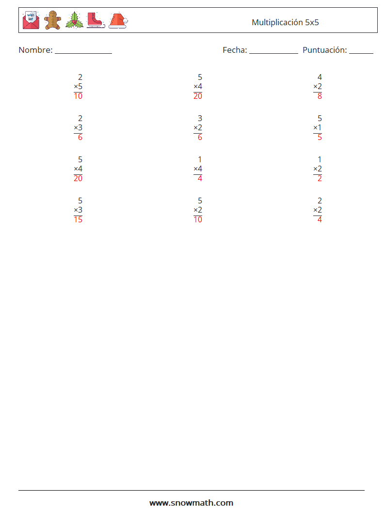 (12) Multiplicación 5x5 Hojas de trabajo de matemáticas 6 Pregunta, respuesta