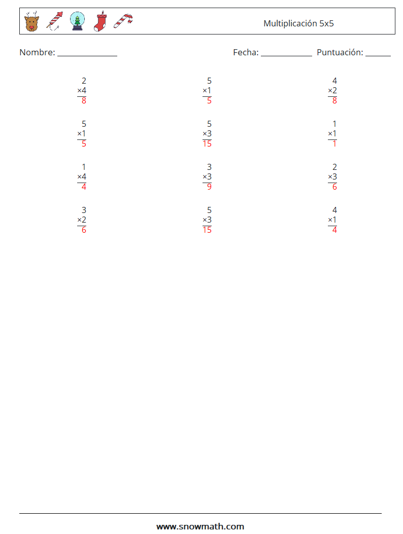 (12) Multiplicación 5x5 Hojas de trabajo de matemáticas 7 Pregunta, respuesta