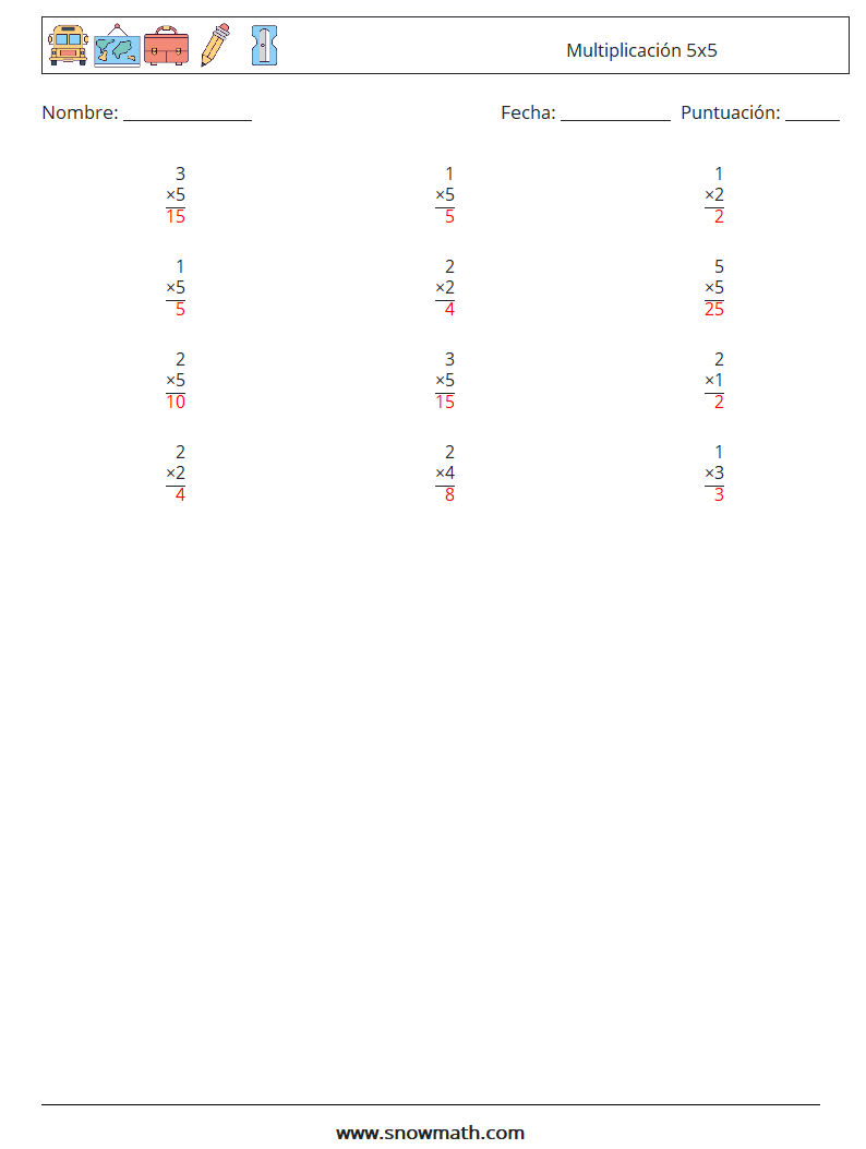 (12) Multiplicación 5x5 Hojas de trabajo de matemáticas 8 Pregunta, respuesta