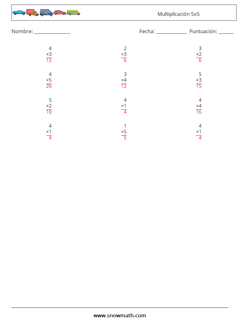 (12) Multiplicación 5x5 Hojas de trabajo de matemáticas 9 Pregunta, respuesta