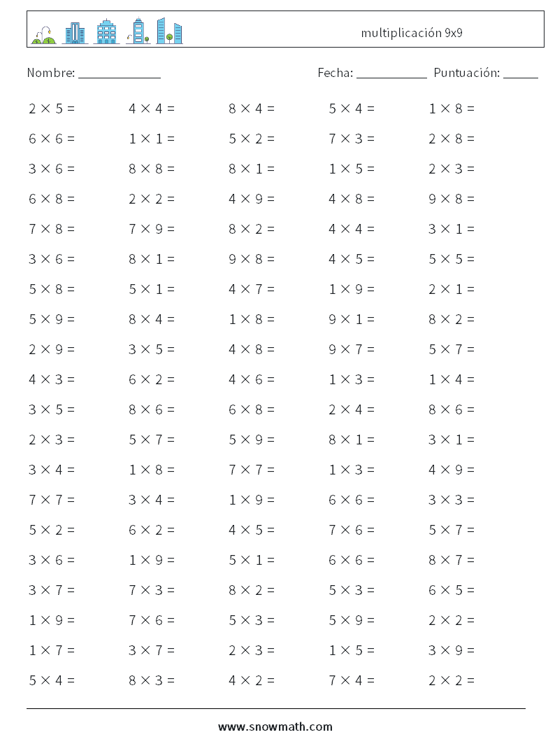 (100) multiplicación 9x9 Hojas de trabajo de matemáticas 1