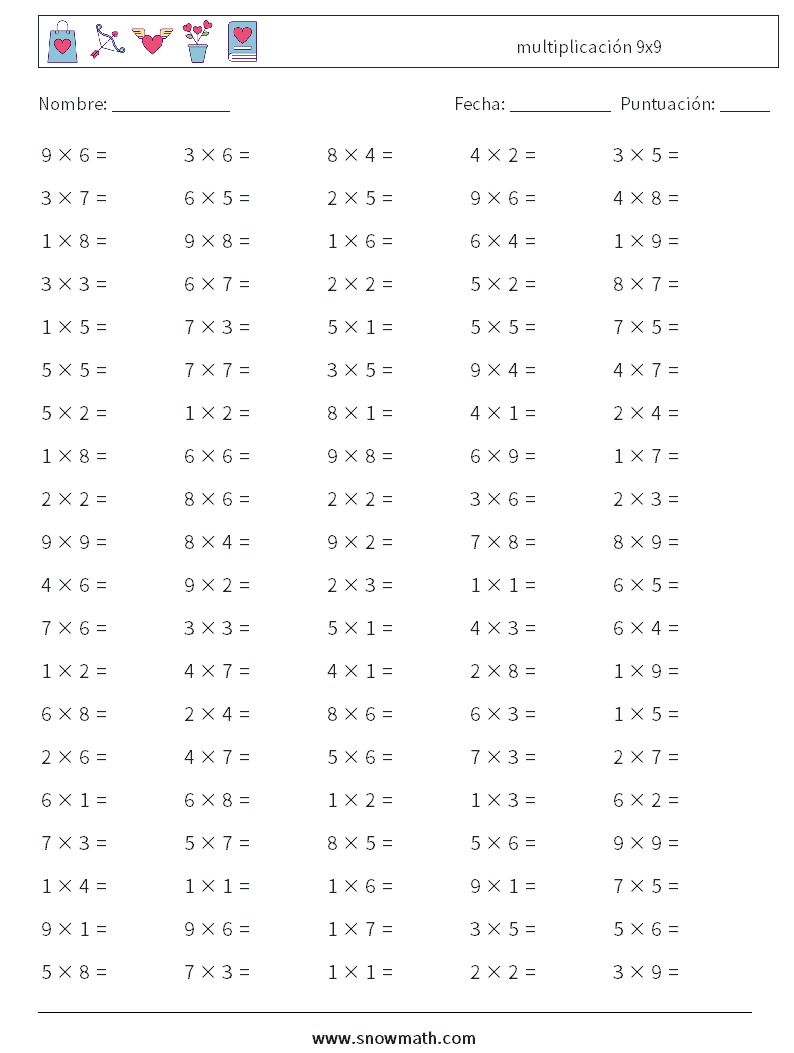 (100) multiplicación 9x9 Hojas de trabajo de matemáticas 2