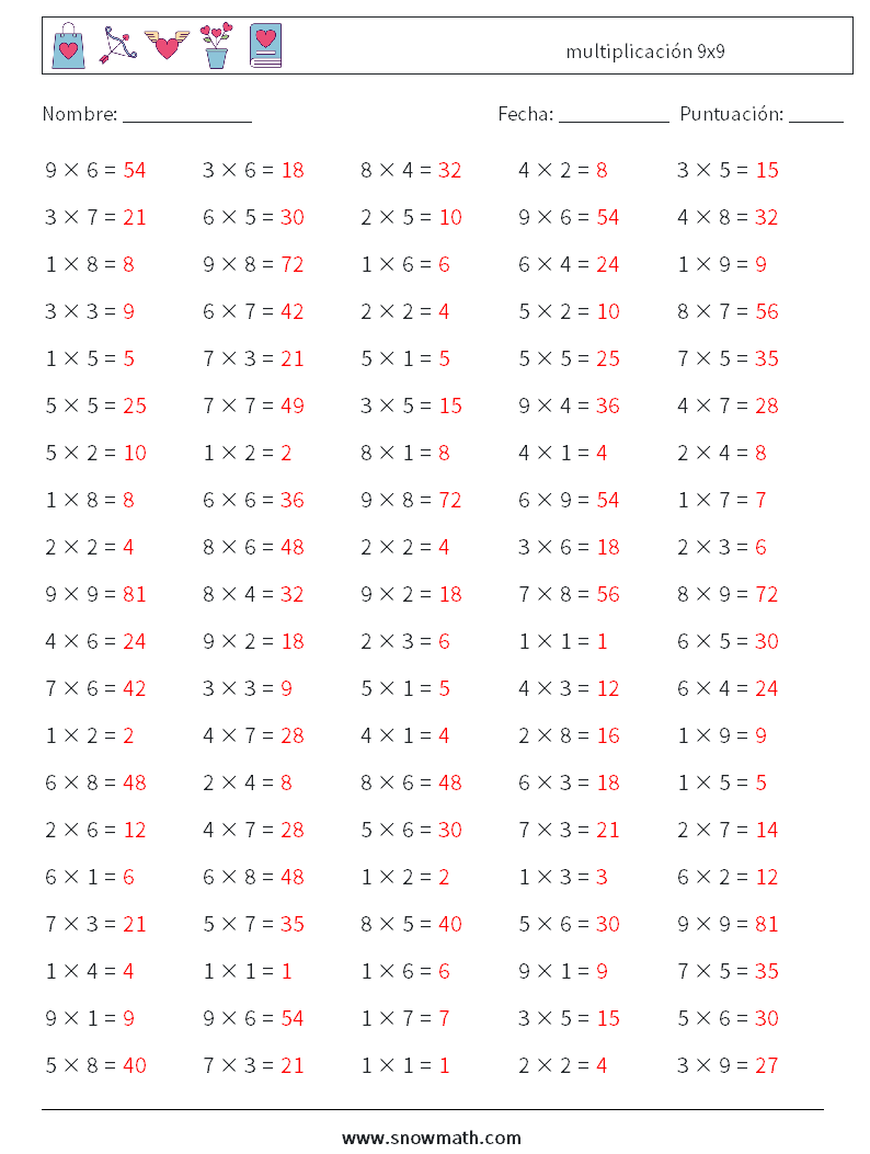 (100) multiplicación 9x9 Hojas de trabajo de matemáticas 2 Pregunta, respuesta