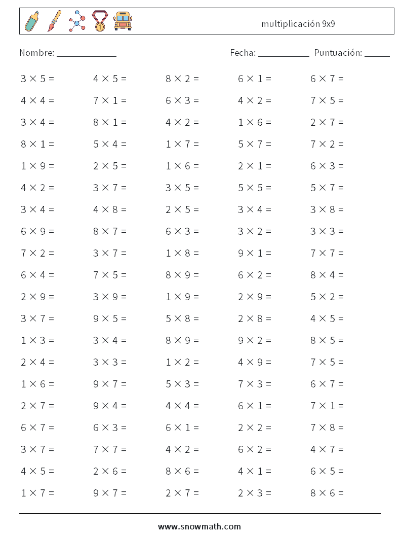 (100) multiplicación 9x9 Hojas de trabajo de matemáticas 3