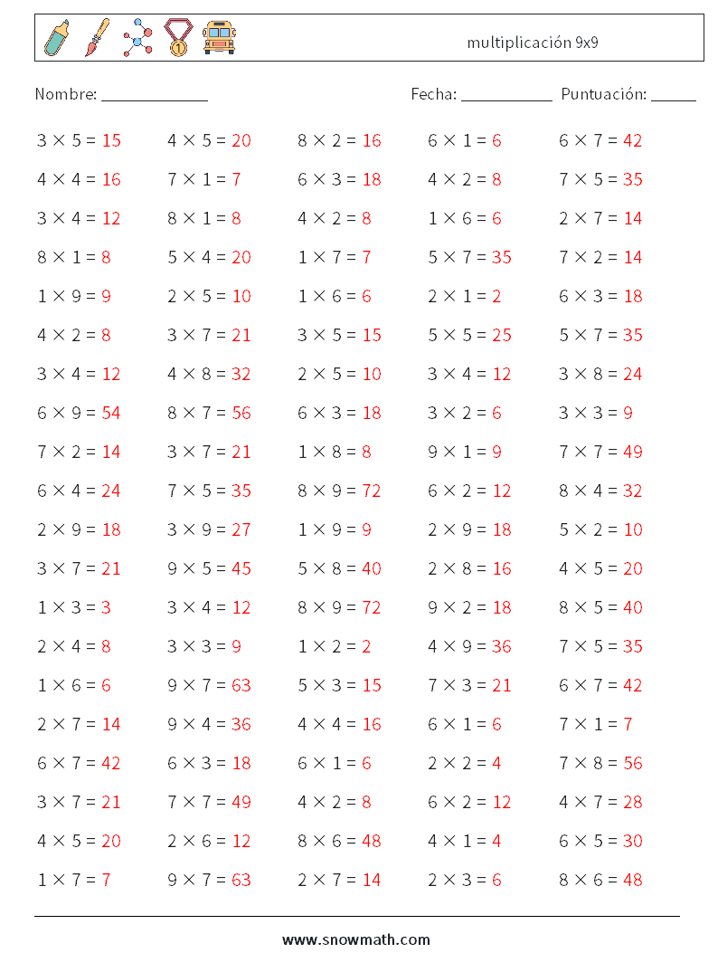 (100) multiplicación 9x9 Hojas de trabajo de matemáticas 3 Pregunta, respuesta