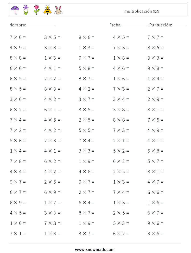 (100) multiplicación 9x9 Hojas de trabajo de matemáticas 4