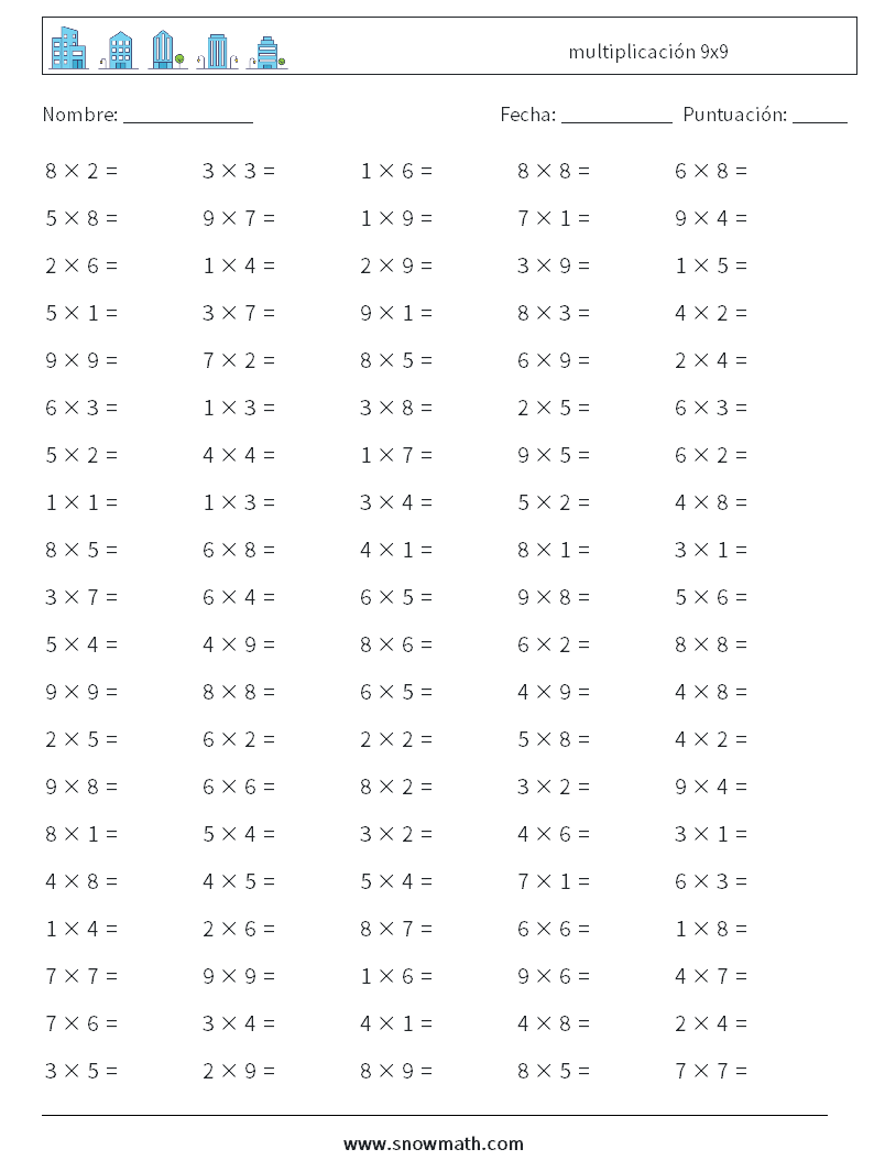 (100) multiplicación 9x9 Hojas de trabajo de matemáticas 5