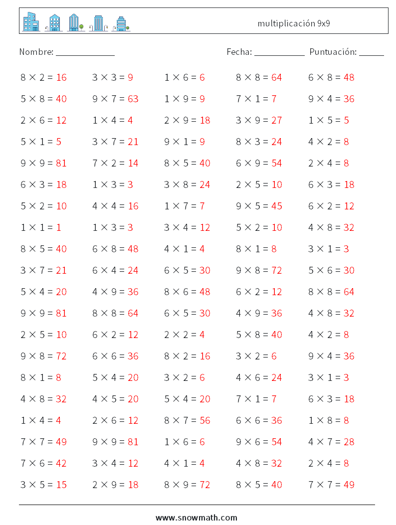 (100) multiplicación 9x9 Hojas de trabajo de matemáticas 5 Pregunta, respuesta