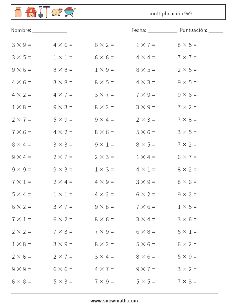 (100) multiplicación 9x9 Hojas de trabajo de matemáticas 6