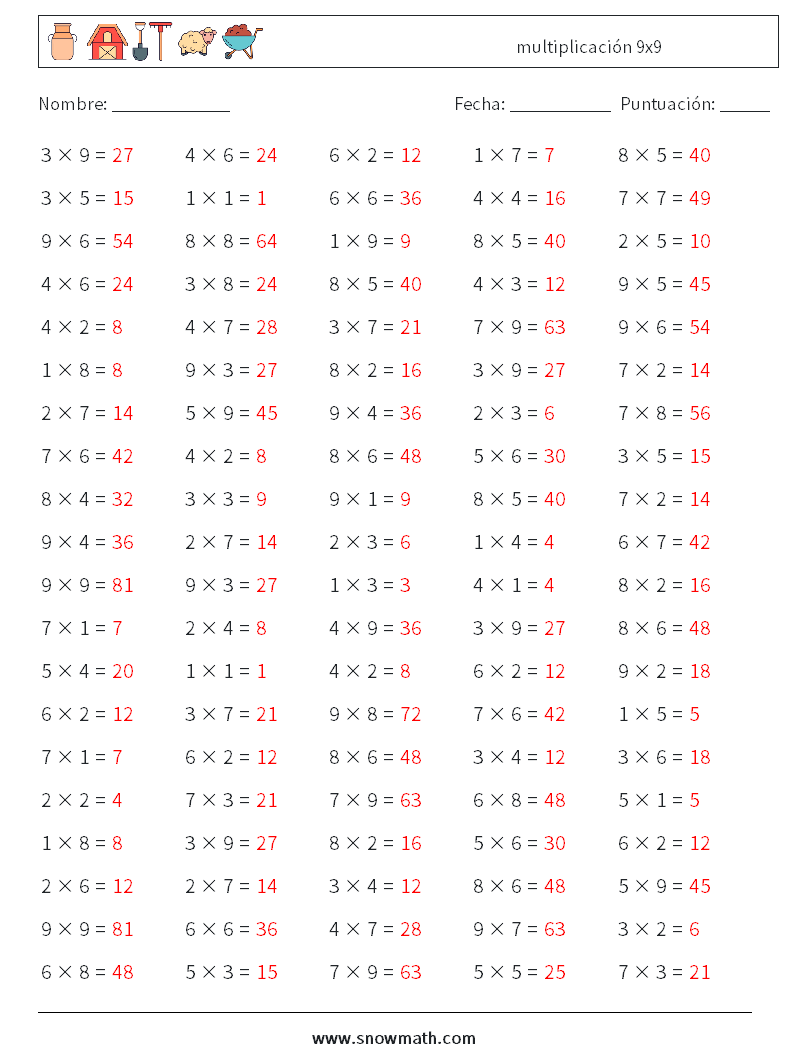 (100) multiplicación 9x9 Hojas de trabajo de matemáticas 6 Pregunta, respuesta