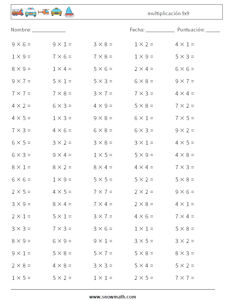 (100) multiplicación 9x9 Hojas de trabajo de matemáticas 7